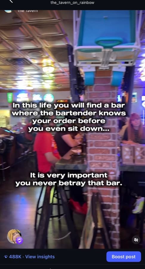 Instagram insights for a Tavern on Rainbow reel showing 488K views